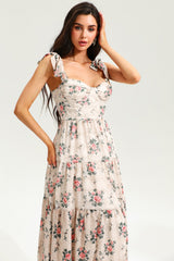 Floral Corset Backless Lace Up Maxi Dress Beige