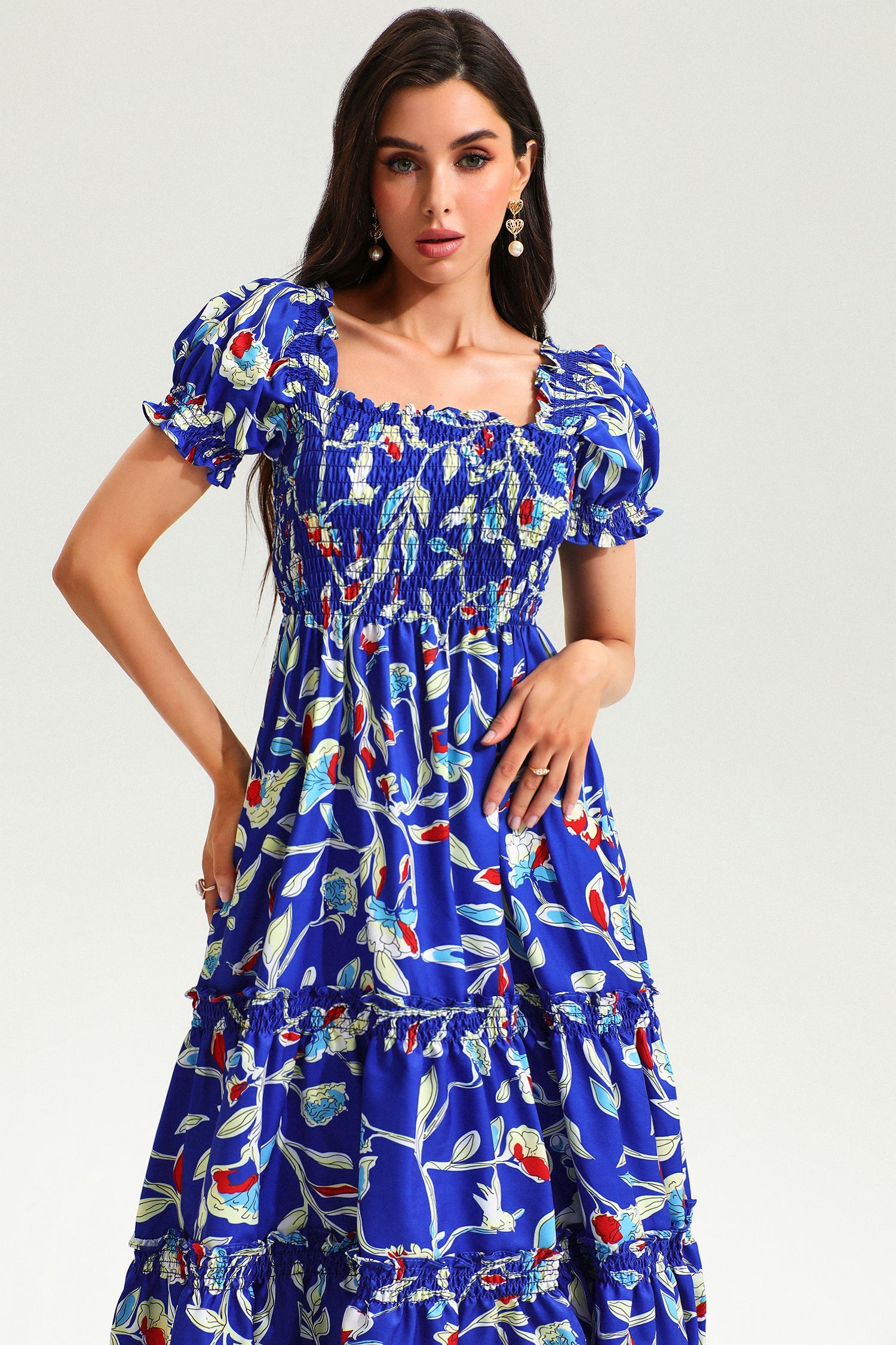 Square Neck Print Short Sleeves Midi Dress