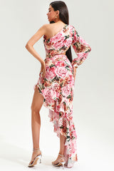 Floral Slanted Shoulder Long Sleeve Ruffle Irregular Maxi Dress