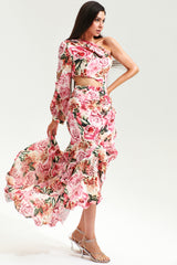 Floral Slanted Shoulder Long Sleeve Ruffle Irregular Maxi Dress