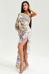 Slanted Shoulder Long Sleeve Ruffle Irregular Maxi Dress Purple