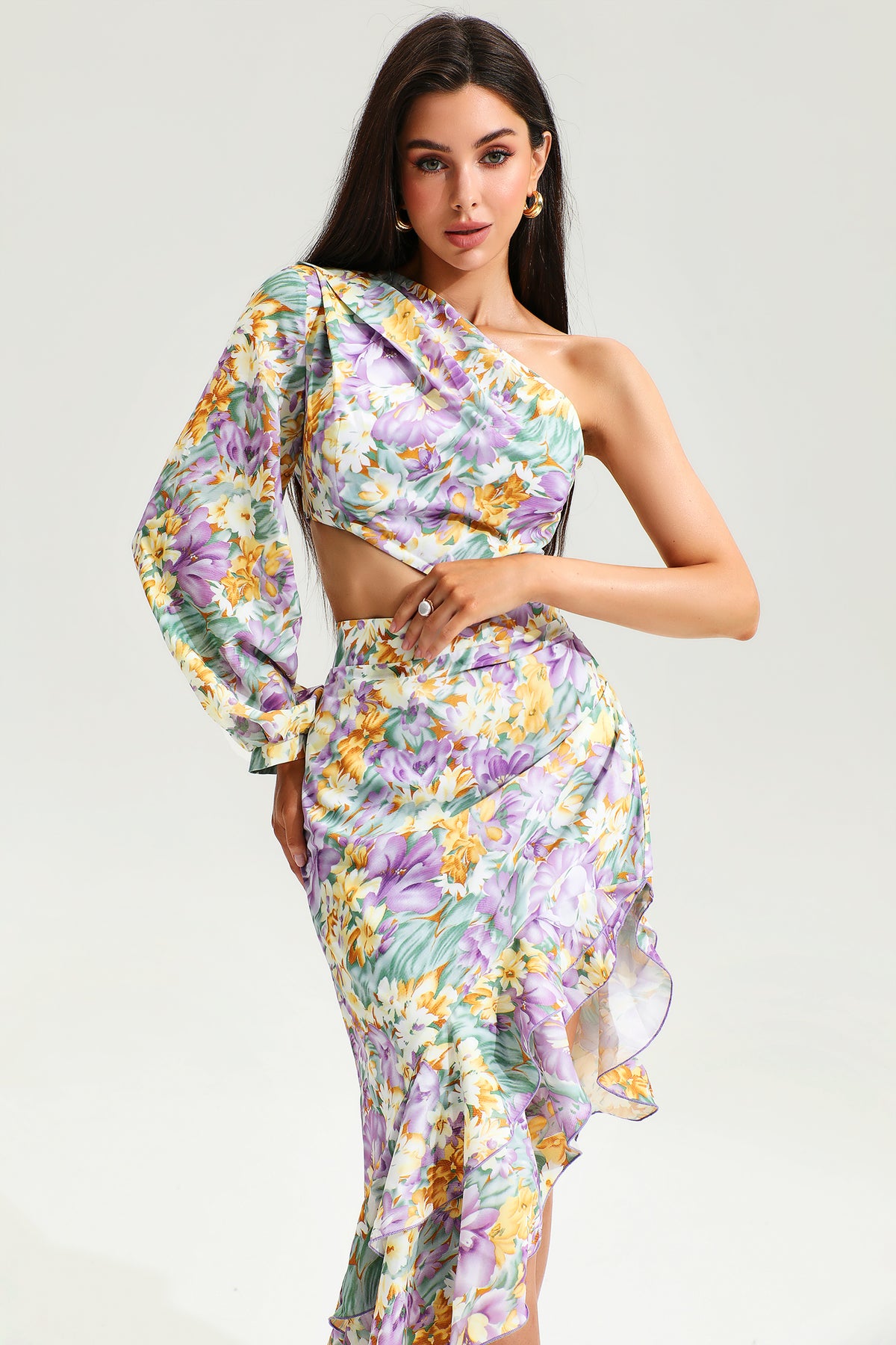 Slanted Shoulder Long Sleeve Ruffle Irregular Maxi Dress Purple