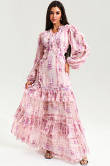 V-Neck Lace Puff Sleeve Tiered Ruffle Hem Maxi Dress Pink