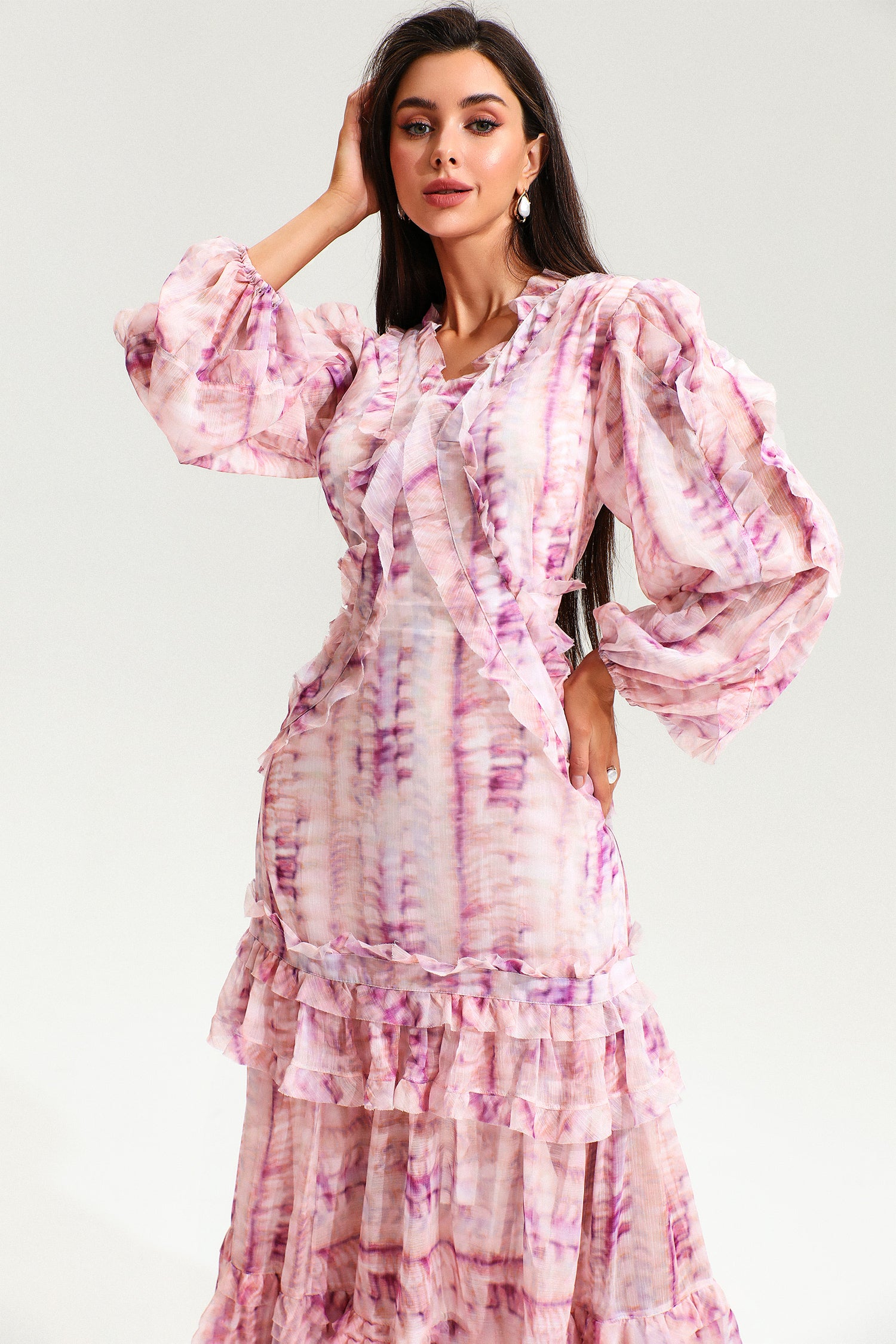 V-Neck Lace Puff Sleeve Tiered Ruffle Hem Maxi Dress Pink