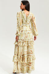 V-Neck Lace Puff Sleeve Tiered Ruffle Hem Maxi Dress Yellow