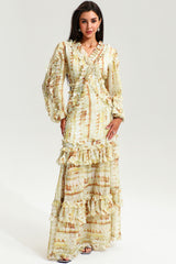 V-Neck Lace Puff Sleeve Tiered Ruffle Hem Maxi Dress Yellow