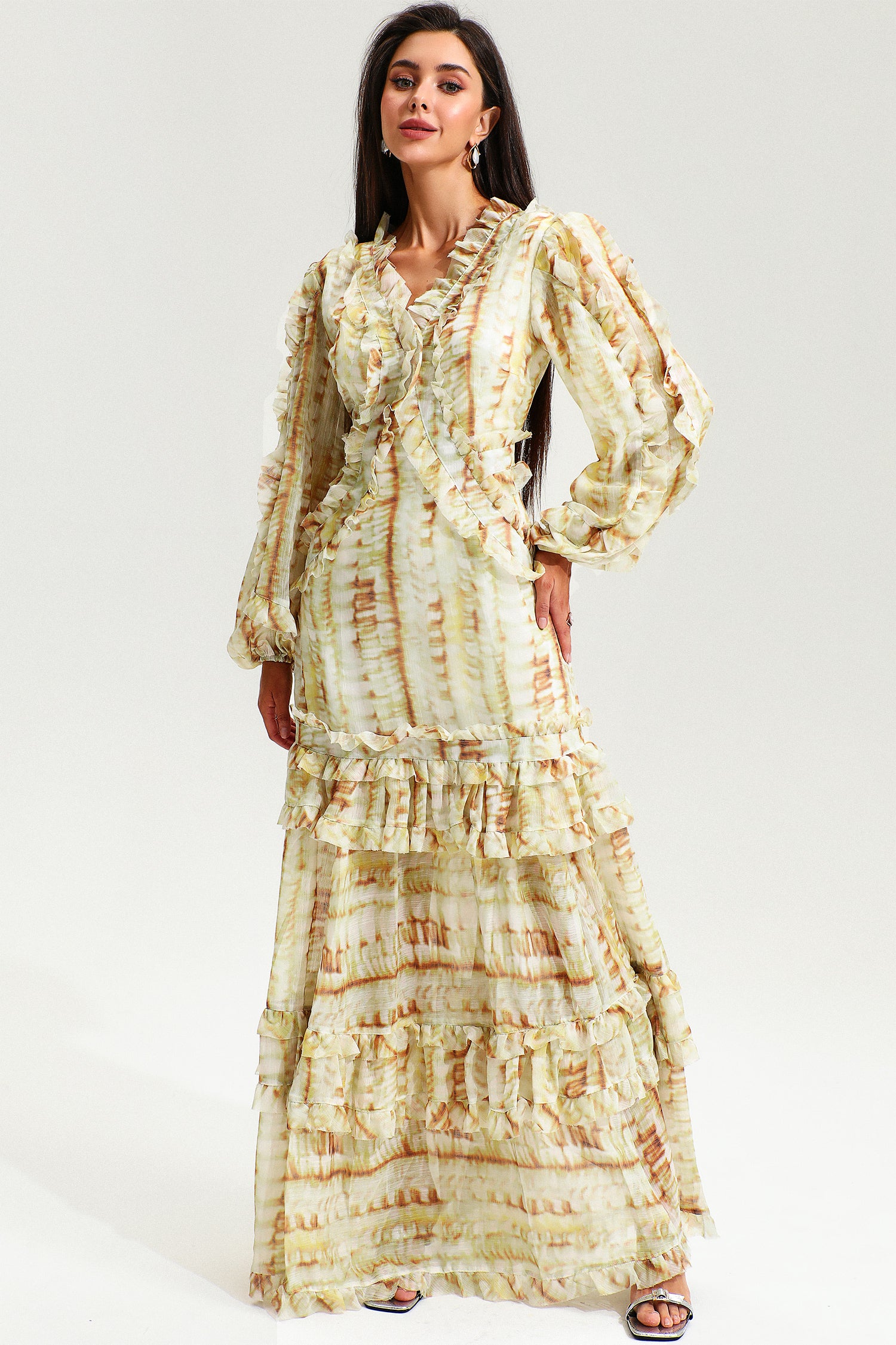 V-Neck Lace Puff Sleeve Tiered Ruffle Hem Maxi Dress Yellow