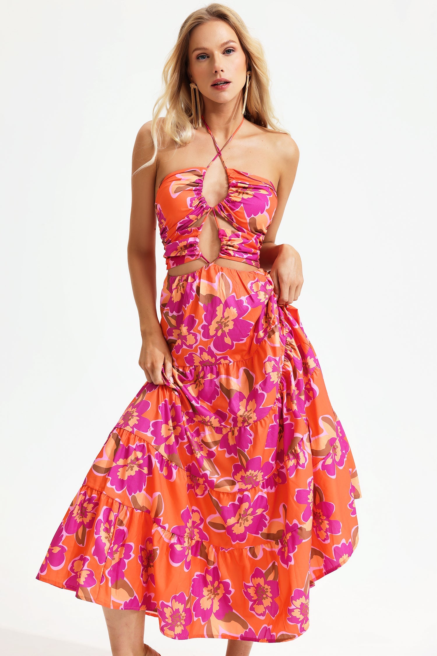 Floral Halter Neck Cut-Out Maxi Dress