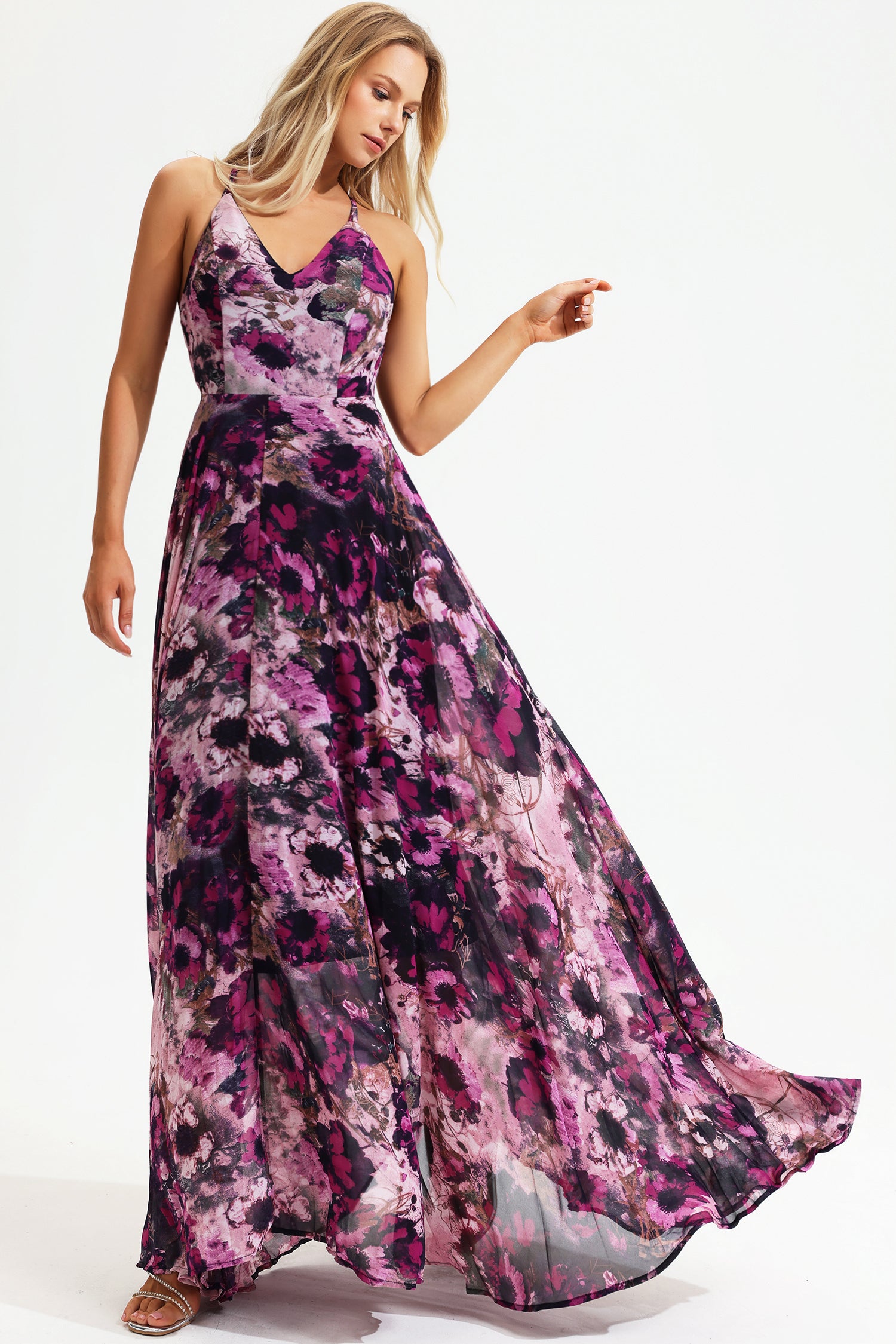 Floral Cami V-Neck Backless Maxi Dress