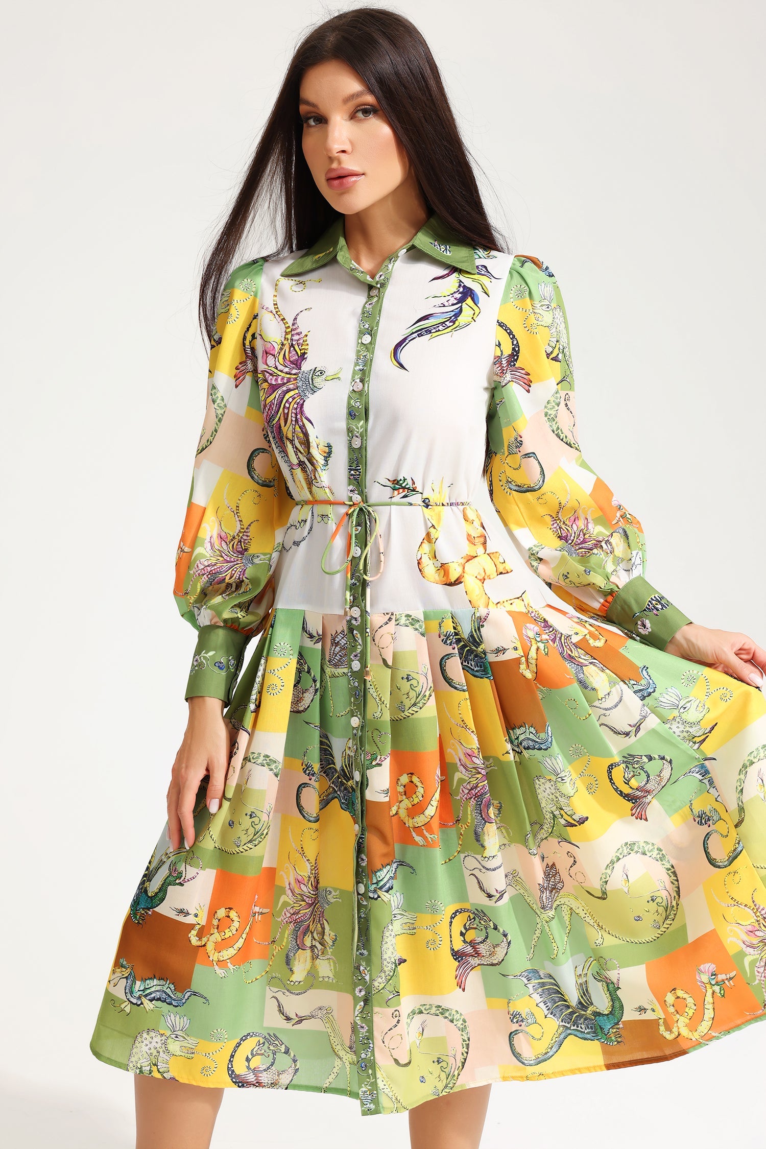 Printed Long Sleeve Lapel Lace Up Midi Dress