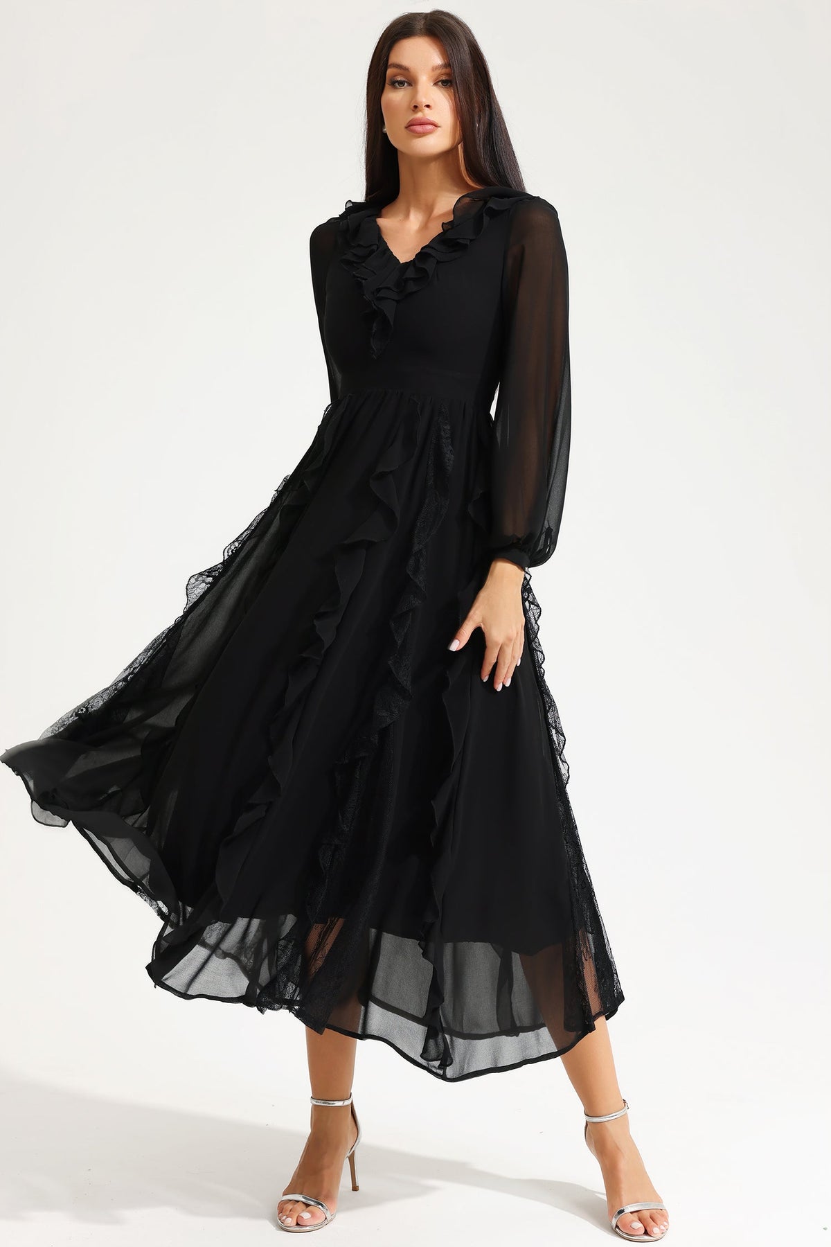 Long Sleeve V-Neck Ruffle Midi Dress Black