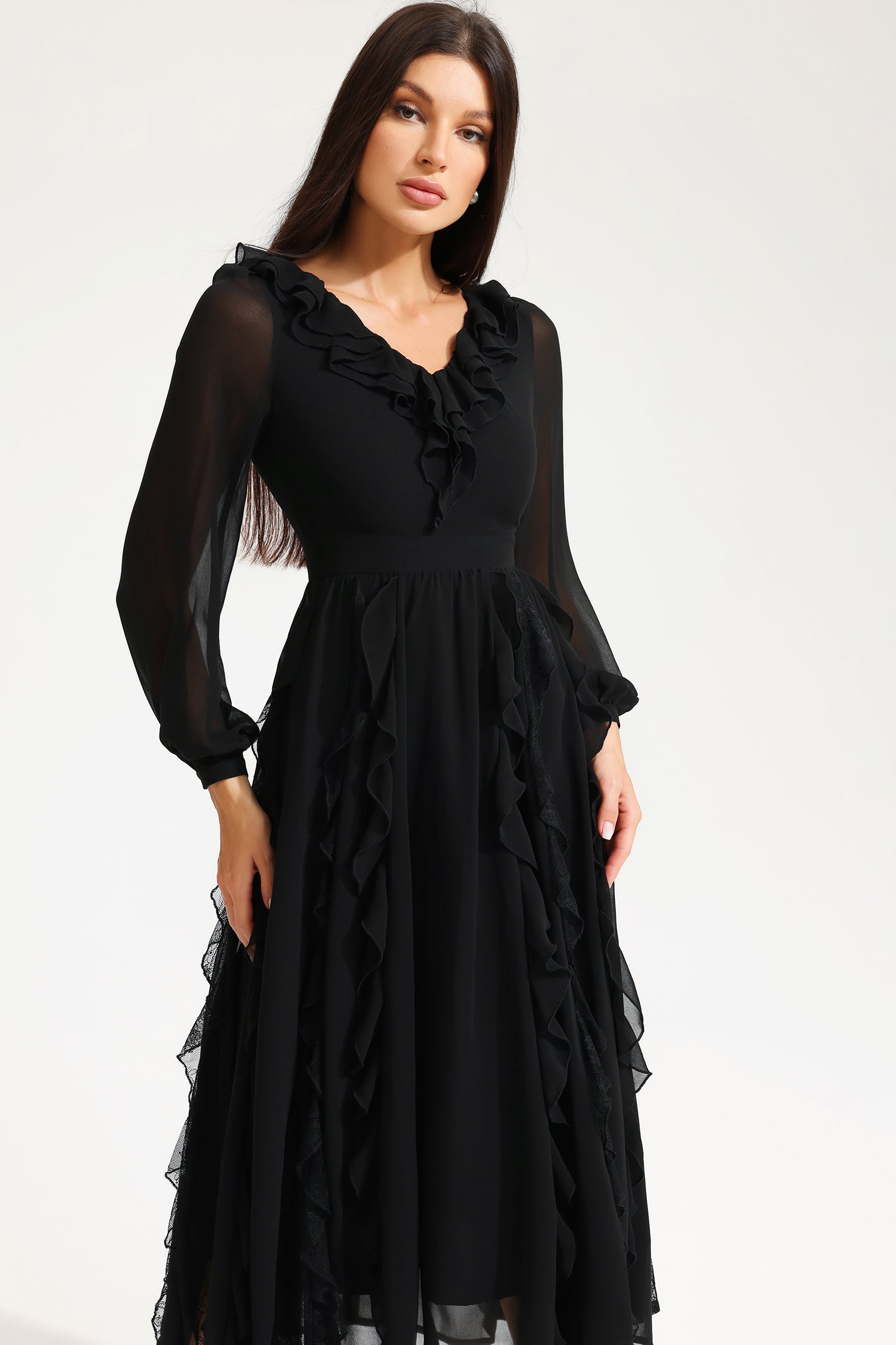 Long Sleeve V-Neck Ruffle Midi Dress Black