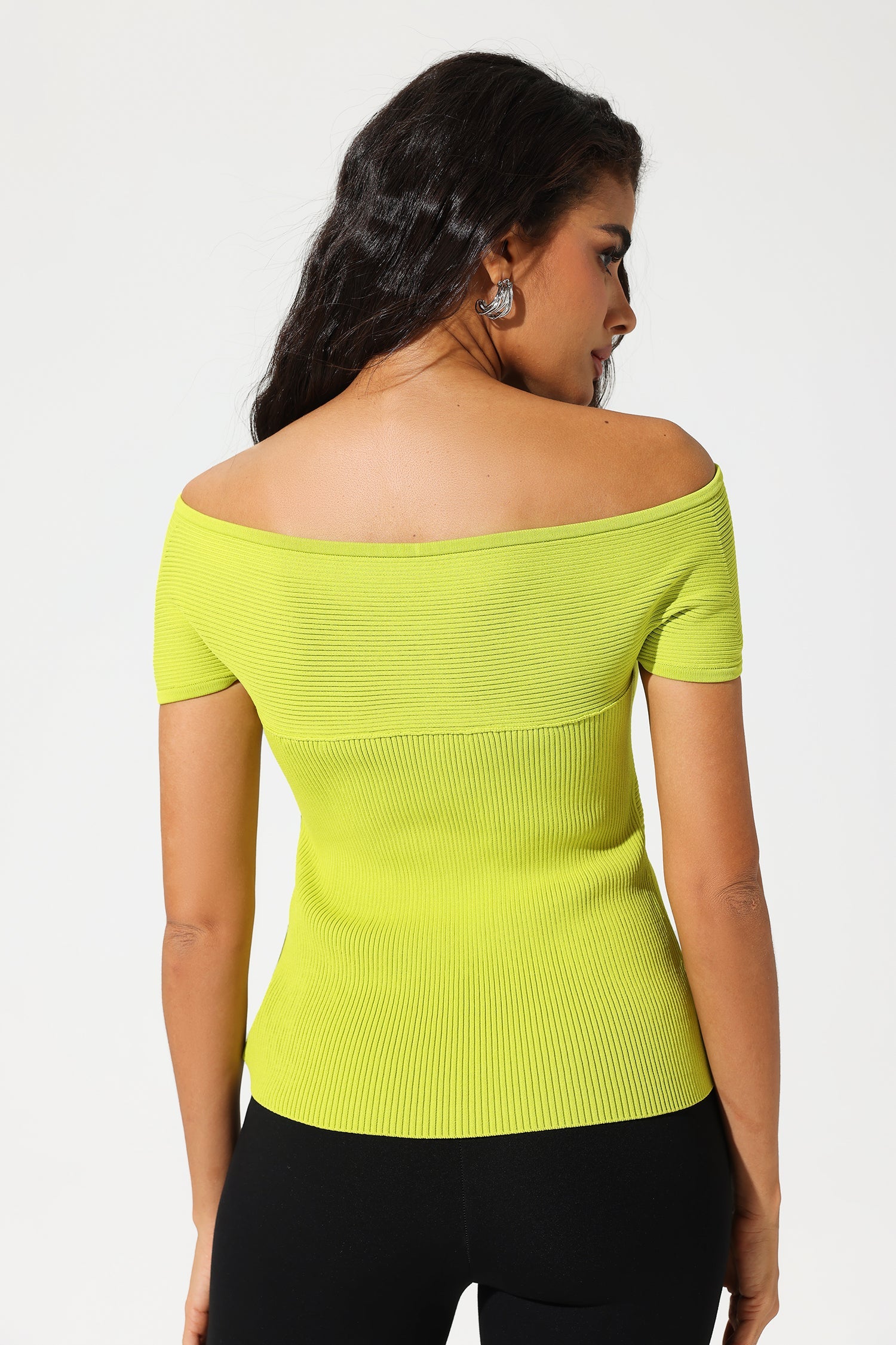 Knit Off-Shoulder Slim Top Green