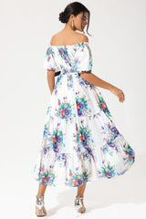 Floral Puff Sleeve Off-Shoulder Ruffle Hem Maxi Dress