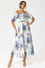 Floral Puff Sleeve Off-Shoulder Ruffle Hem Maxi Dress