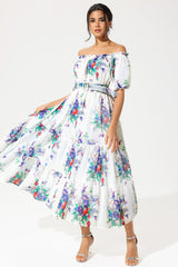 Floral Puff Sleeve Off-Shoulder Ruffle Hem Maxi Dress