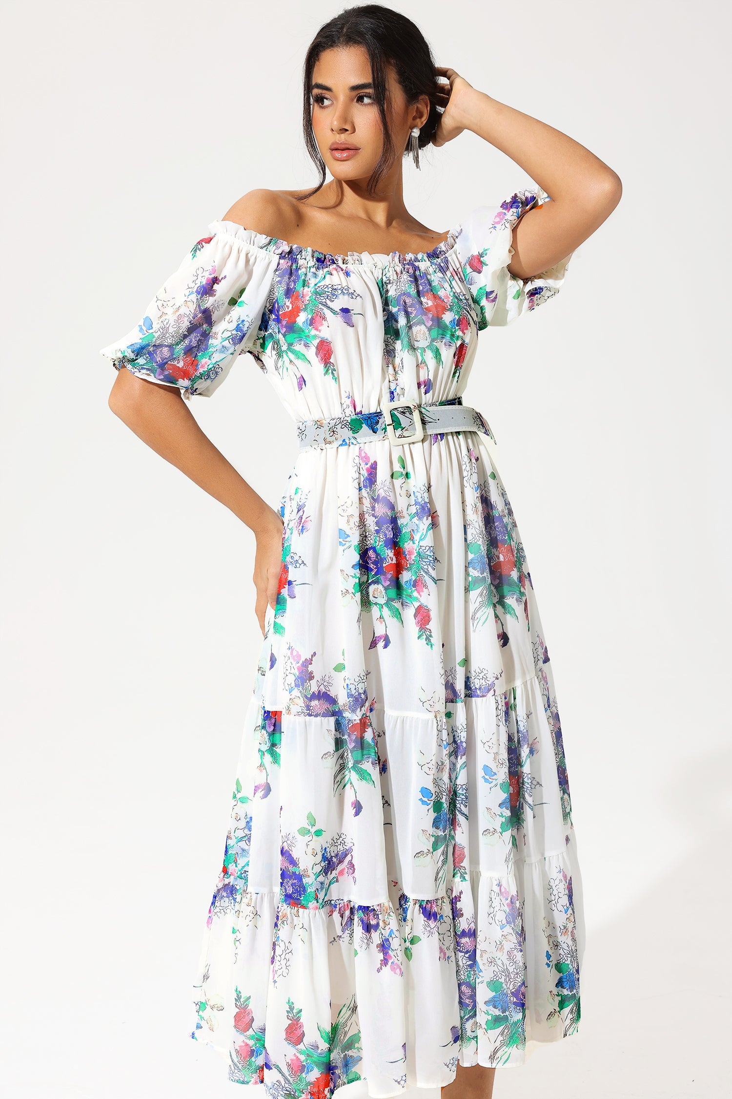 Floral Puff Sleeve Off-Shoulder Ruffle Hem Maxi Dress