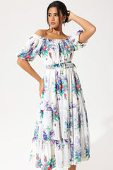 Floral Puff Sleeve Off-Shoulder Ruffle Hem Maxi Dress