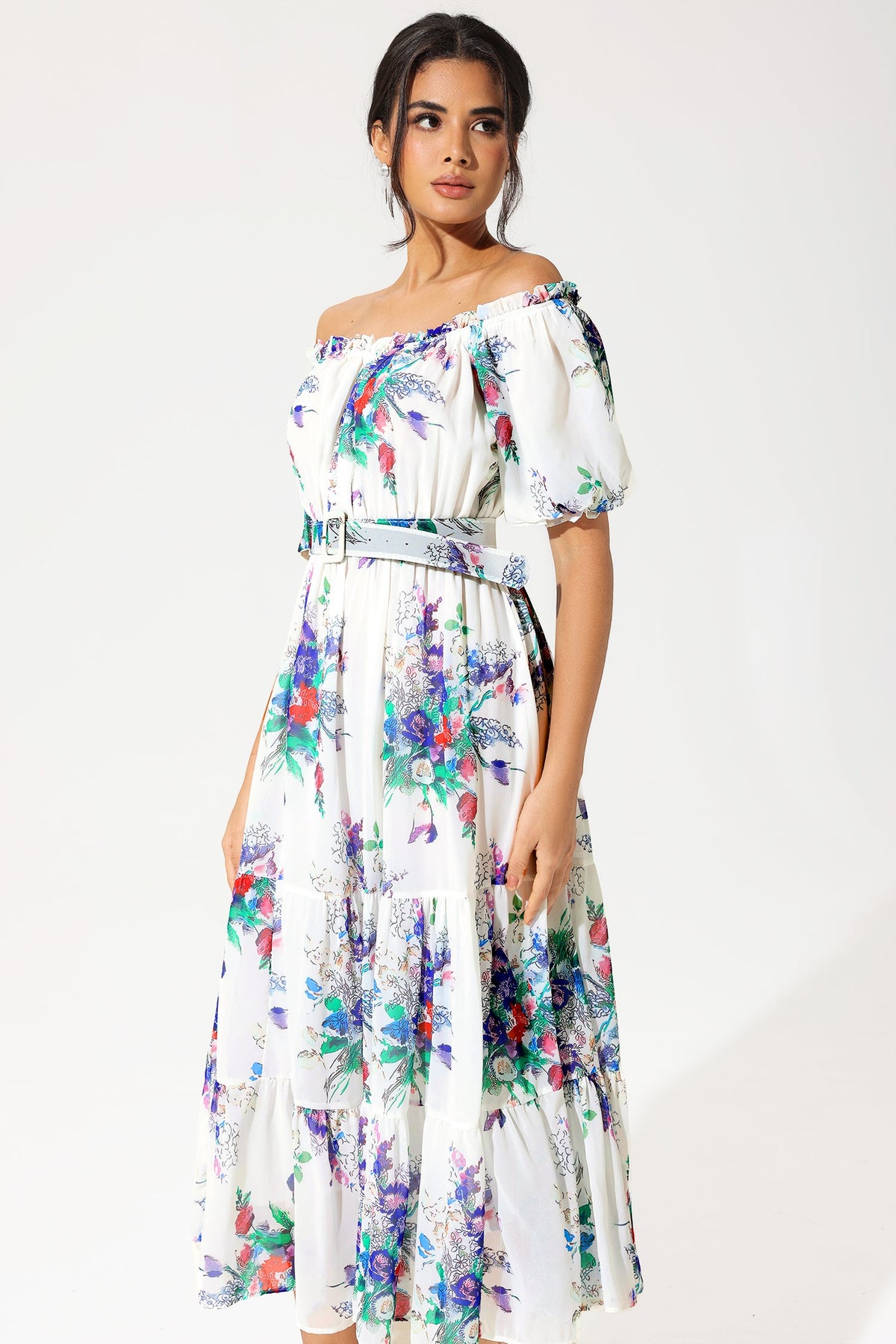 Floral Puff Sleeve Off-Shoulder Ruffle Hem Maxi Dress