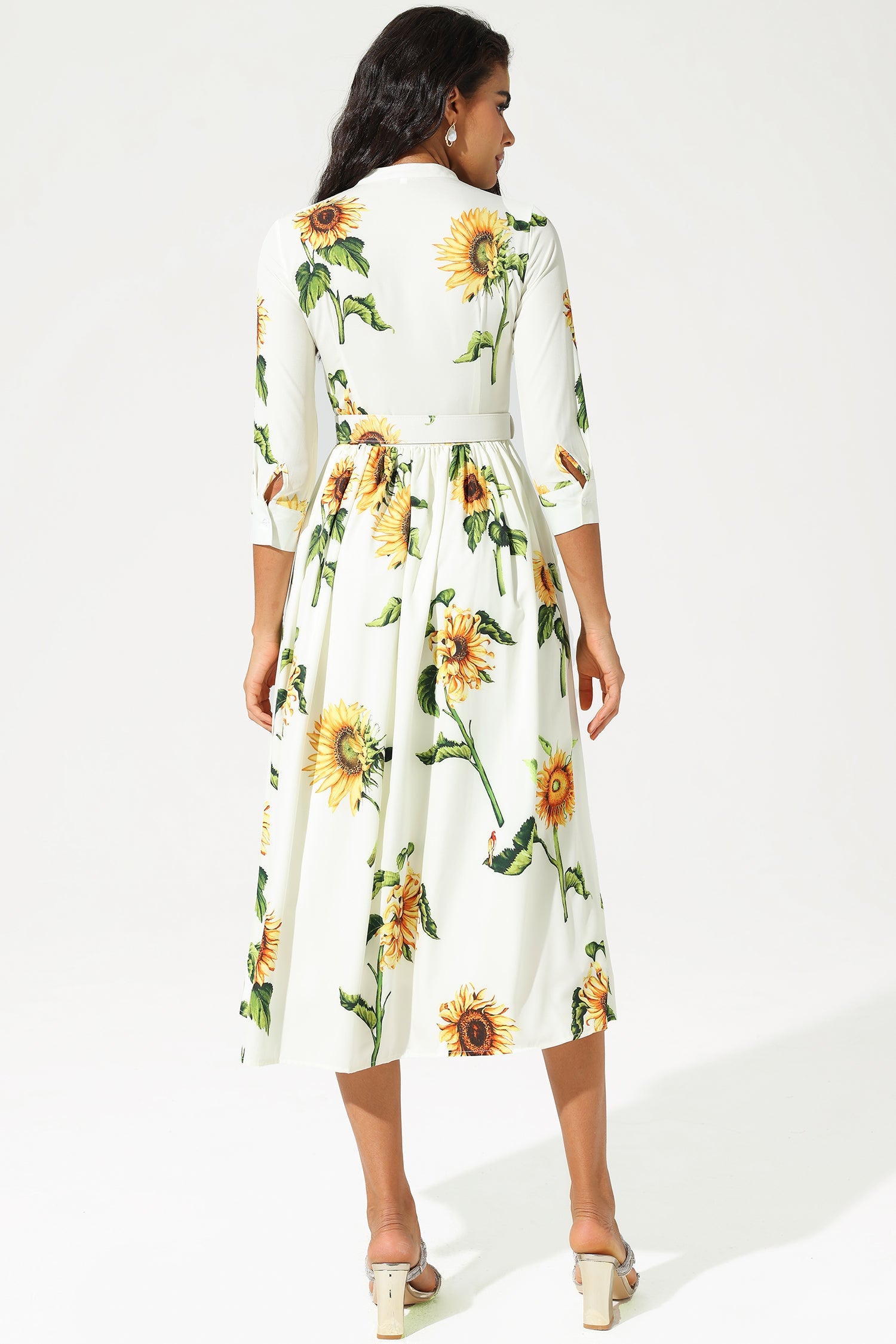 Floral Mid Sleeve Stand Collar Belted Midi Dress