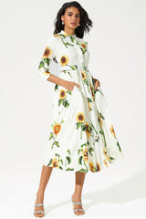 Floral Mid Sleeve Stand Collar Belted Midi Dress