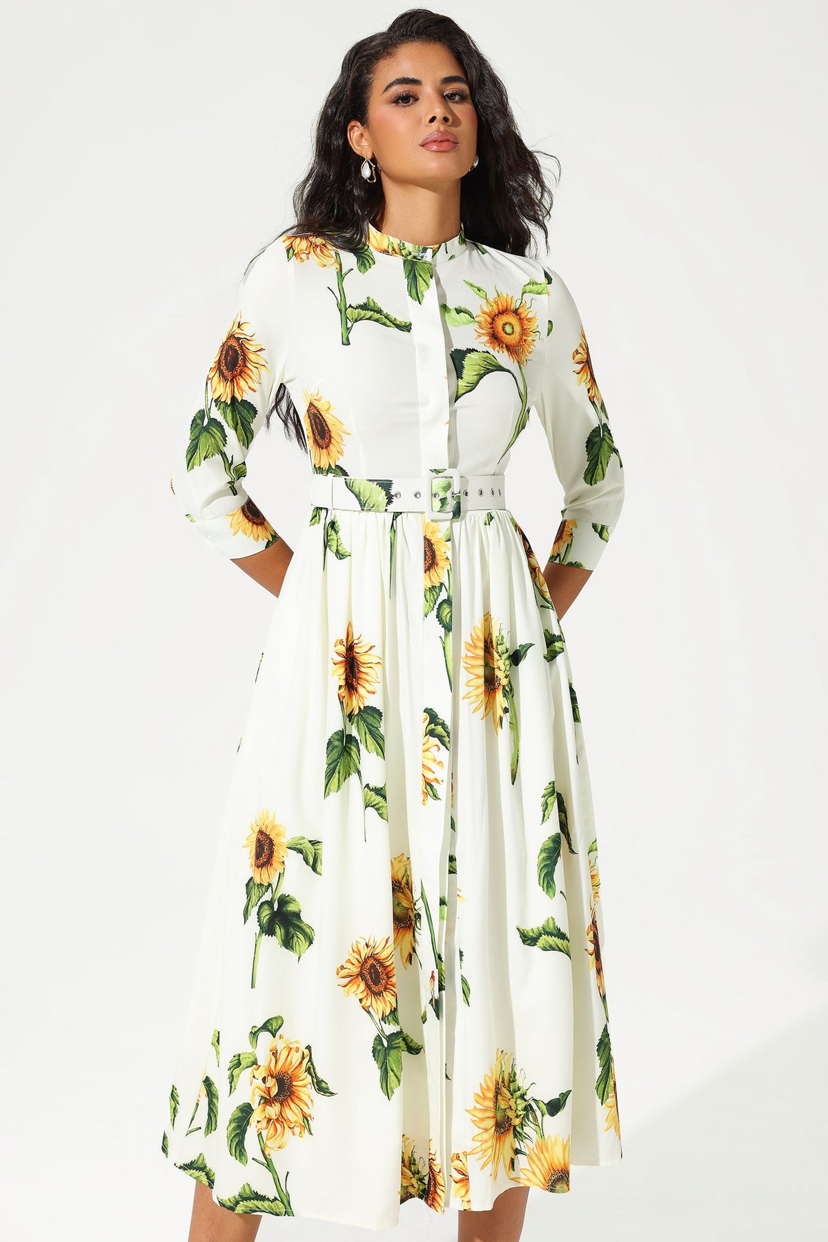 Floral Mid Sleeve Stand Collar Belted Midi Dress