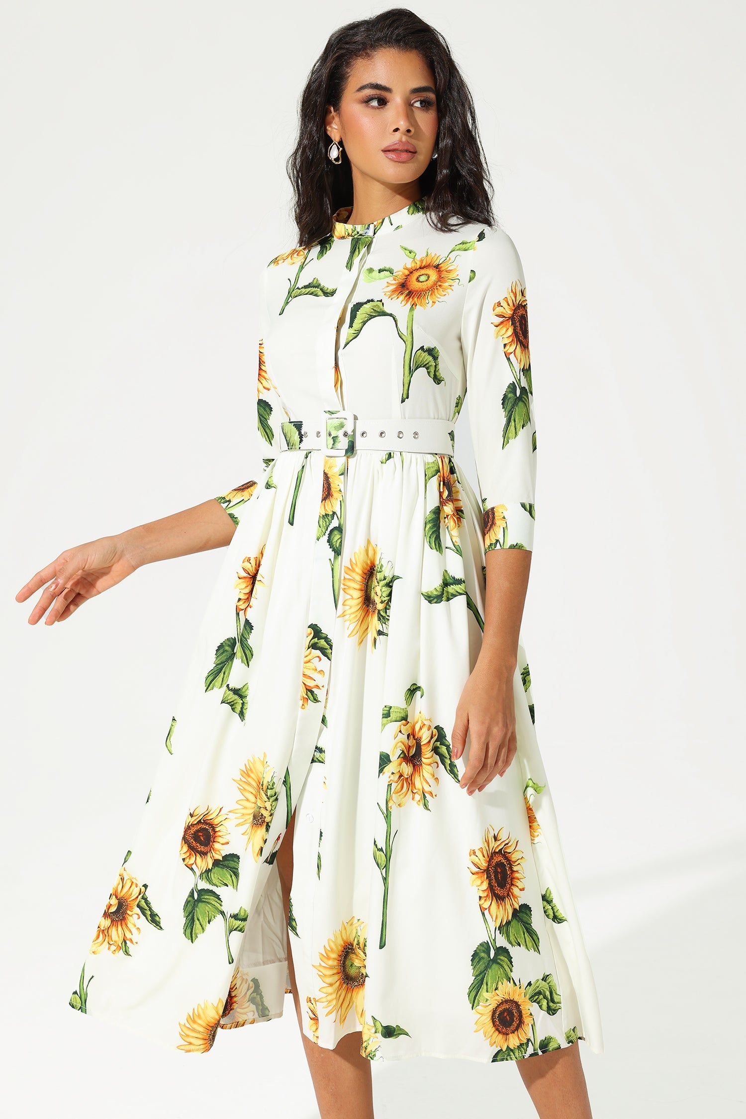 Floral Mid Sleeve Stand Collar Belted Midi Dress