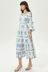 Floral Lantern Sleeve Square Collar Tapered Waist Maxi Dress