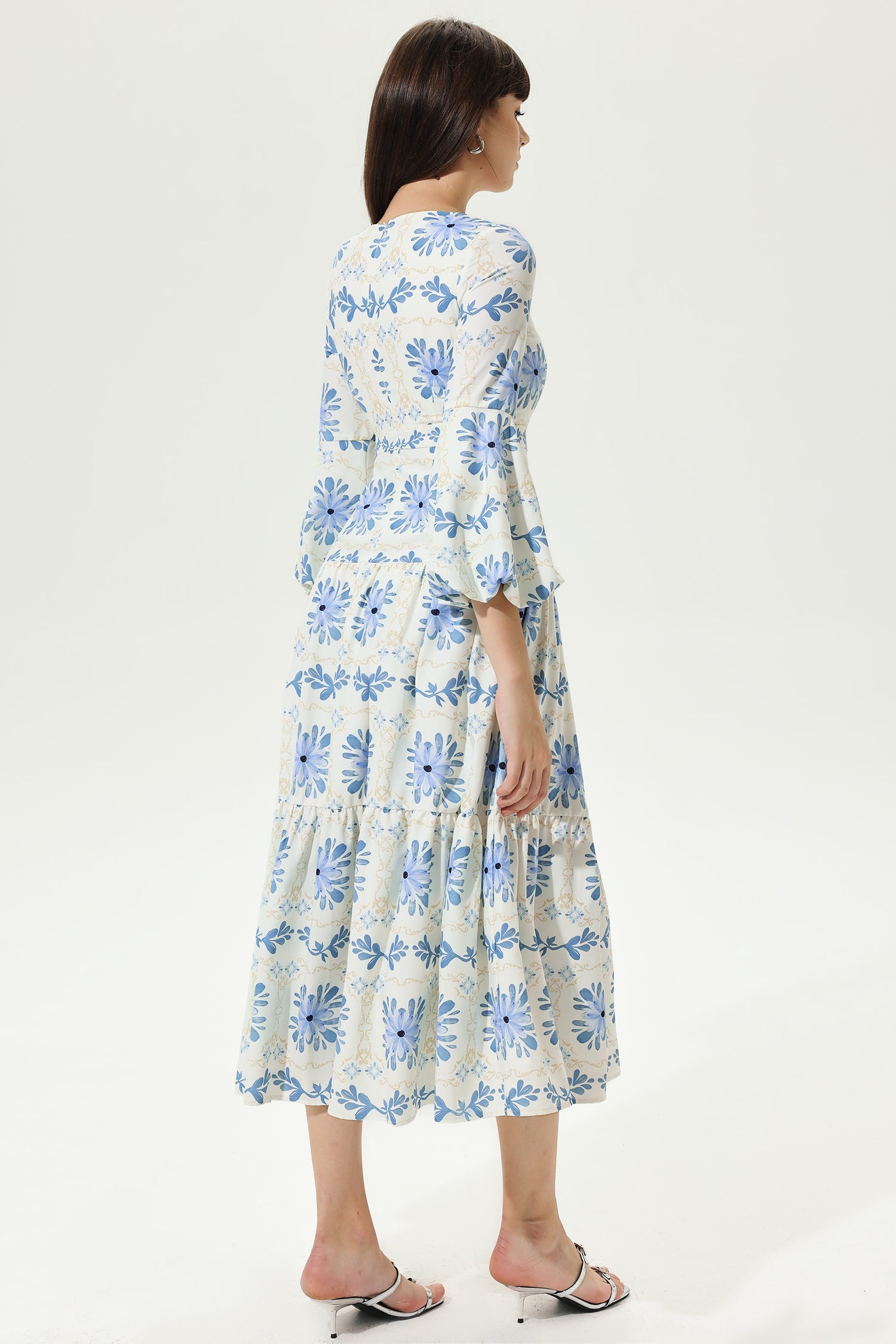 Floral Lantern Sleeve Square Collar Tapered Waist Maxi Dress