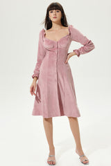 Long Sleeve Square Collar Buckle Pleated Slim Midi Dress Pink