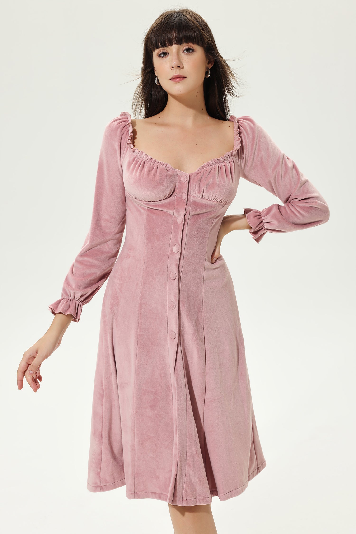 Long Sleeve Square Collar Buckle Pleated Slim Midi Dress Pink