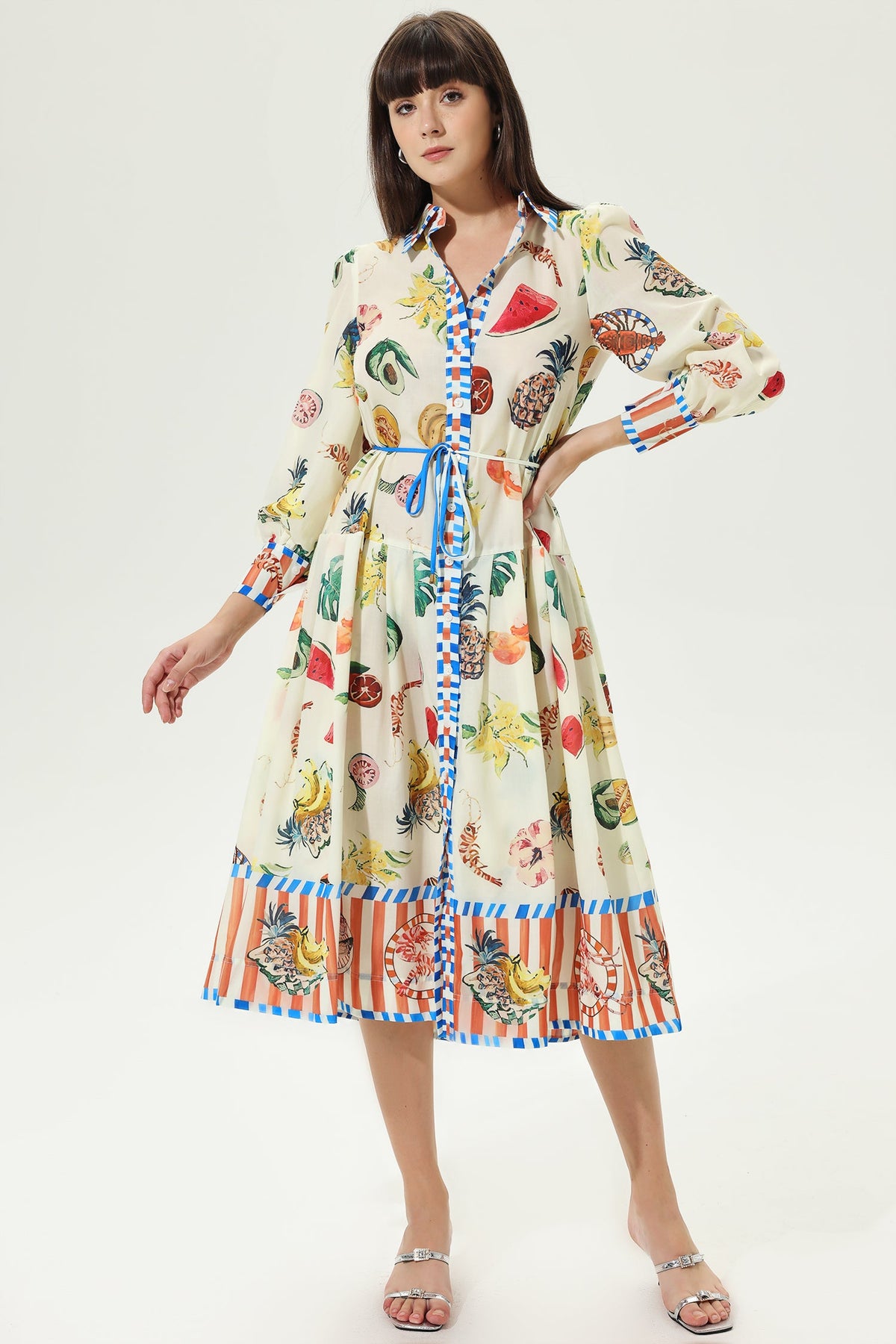 Printed Long Sleeve Lapel Buttoned Lace Up Maxi Dress Apricot