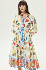 Printed Long Sleeve Lapel Buttoned Lace Up Maxi Dress Apricot