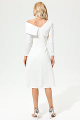 Long Sleeve Asymmetrical Cowl Neck Midi Dress White