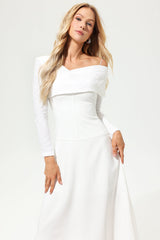 Long Sleeve Asymmetrical Cowl Neck Midi Dress White