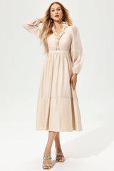 Lantern Sleeve Stand Collar Ruffle Midi Dress