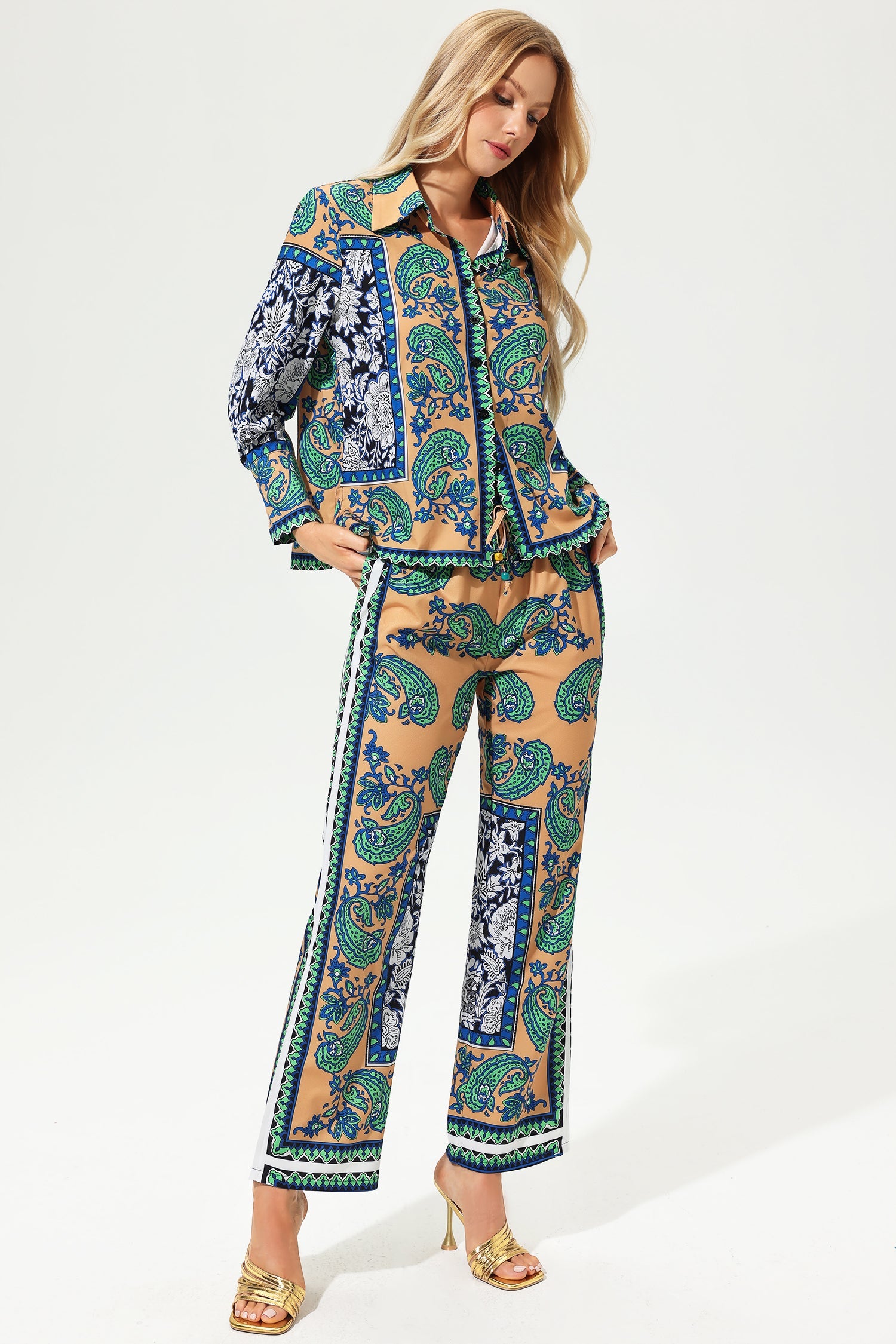 Boho Printed Long Sleeve Buttoned Suit