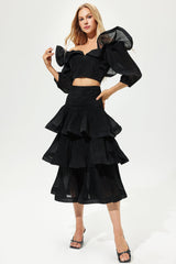 Lantern Sleeve V-Neck Ruffle Hem Midi Dress Two-piece Set Black