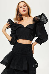 Lantern Sleeve V-Neck Ruffle Hem Midi Dress Two-piece Set Black