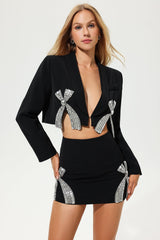 Long Sleeve Rhinestone Bow Two-piece Set Suit Black