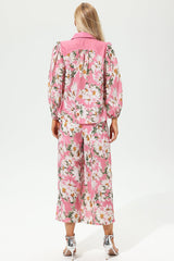 Floral Puff Sleeve Lapel Wide Leg Pants Suit