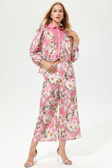 Floral Puff Sleeve Lapel Wide Leg Pants Suit