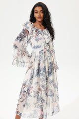 Printed Flared Sleeve Off-Shoulder Midi Dress