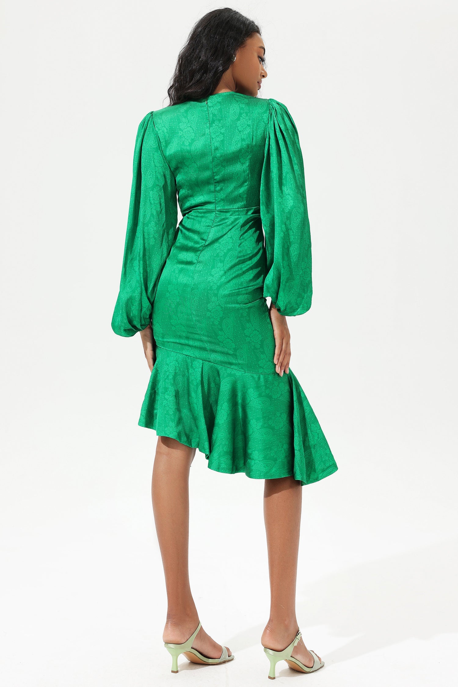 Lantern Sleeve Round Collar Tapered Waist Midi Dress Green