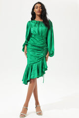 Lantern Sleeve Round Collar Tapered Waist Midi Dress Green