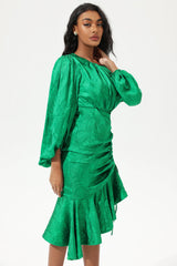 Lantern Sleeve Round Collar Tapered Waist Midi Dress Green