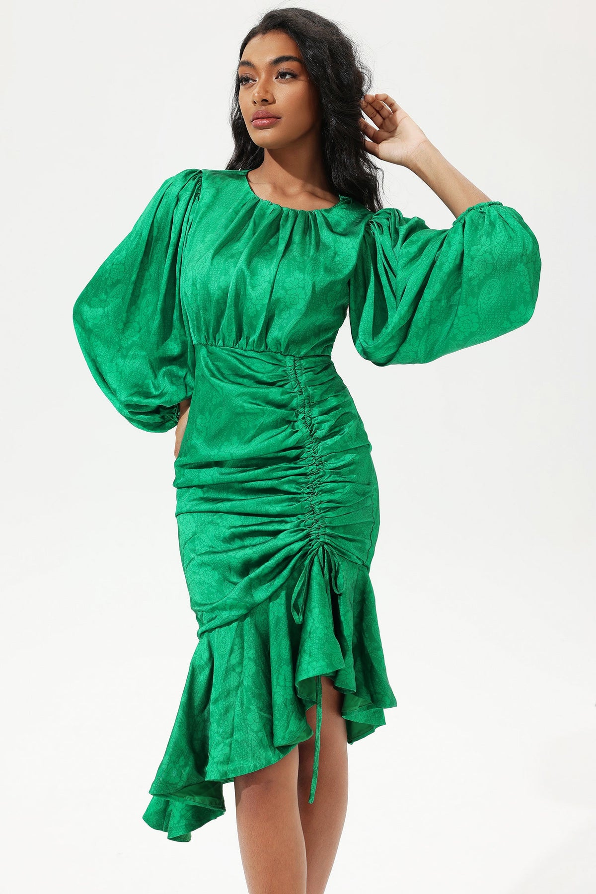 Lantern Sleeve Round Collar Tapered Waist Midi Dress Green