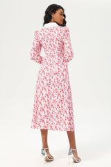 Floral Long Sleeve Doll Collar Buttoned Midi Dress Pink