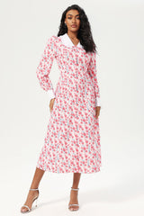 Floral Long Sleeve Doll Collar Buttoned Midi Dress Pink