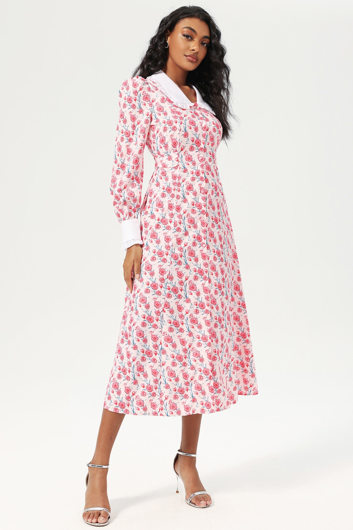 Floral Long Sleeve Doll Collar Buttoned Midi Dress Pink